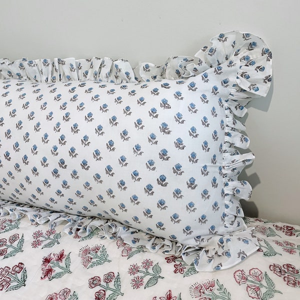 Lumbar Cushion in blockprint cotton - long pillow with big ruffles