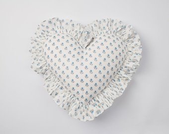 Blue Floral Blockprint Ruffle Heart Cushion