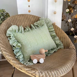 Sage Green Stripe Ruffle Blockprint Mini Cushion