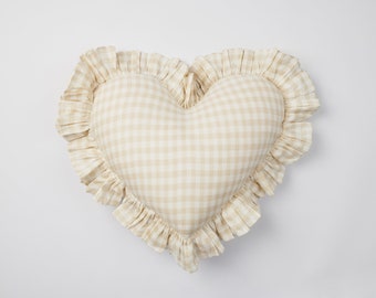 Custom flax linen gingham heart ruffle cushion