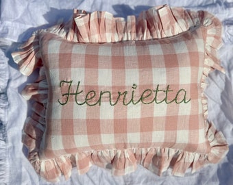 Embroidered Customised Name Linen Ruffle Mini Cushion in Pink Gingham Large Check