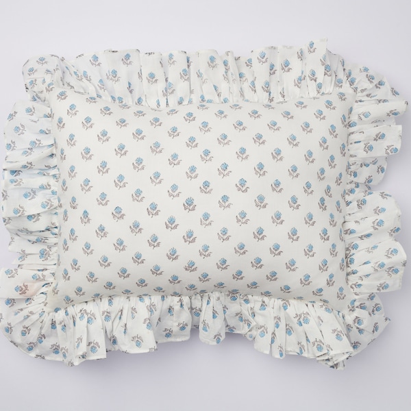 Ruffle Blockprint Mini Cushion Blue Floral