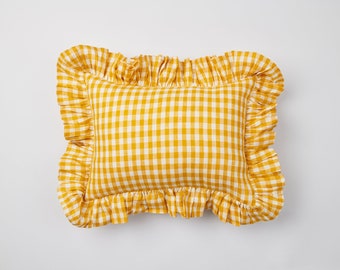 Linen Ruffle Mini Cushion in Yellow Gingham