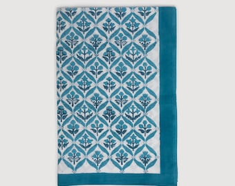 Blue Trellis Block Printed Cotton Floral Tablecloth 6 seater 150cm x 200cm