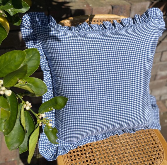 Blue Gingham Throw Cushion Cover With Ruffle Etsy