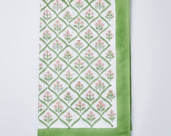 Green Trellis Block Printed Cotton Floral Tablecloth 6 seater 150cm x 200cm