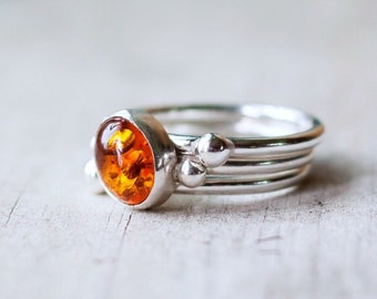 Sterling Silver & Amber stacking rings set. Handmade oval Amber and Pebble recycled silver rings