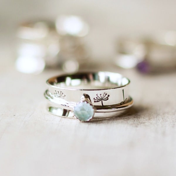 Silver Dandelion & Birthstone spinner ring. Personalised Birth Stone jewellery. Handmade sterling silver spinner rings. Silver anxiety ring