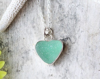 Sterling silver & sea glass heart pendant. Handmade aqua green seaglass necklace. Beach lovers jewellery. Recycled and handmade in Wales