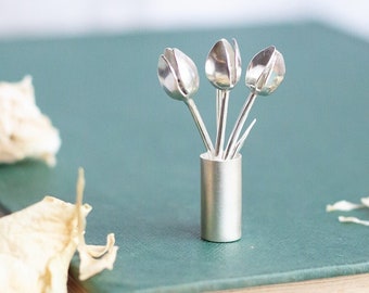 Handmade silver tulip brooch. Sterling silver brooch with tulips. Recycled 925 silver flower brooches. Floral brooch gift idea made in Wales