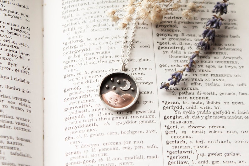 Starry Night Mountain Shadow Box Pendant. Celestial Moon and Stars Necklace. Sterling Silver & Recycled Copper Jewellery. Handmade in Wales image 1