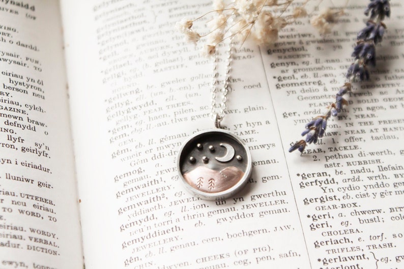 Starry Night Mountain Shadow Box Pendant. Celestial Moon and Stars Necklace. Sterling Silver & Recycled Copper Jewellery. Handmade in Wales image 3