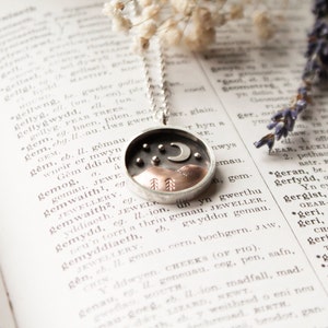 Starry Night Mountain Shadow Box Pendant. Celestial Moon and Stars Necklace. Sterling Silver & Recycled Copper Jewellery. Handmade in Wales image 5