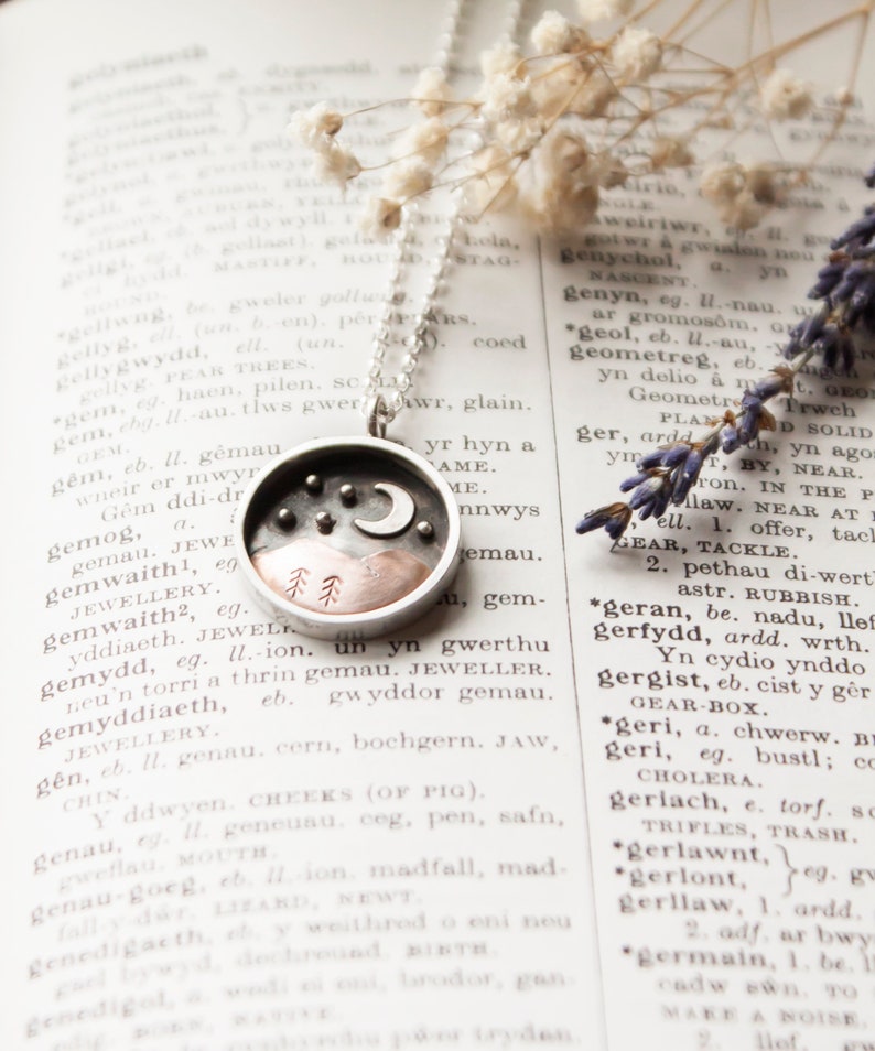 Starry Night Mountain Shadow Box Pendant. Celestial Moon and Stars Necklace. Sterling Silver & Recycled Copper Jewellery. Handmade in Wales image 2