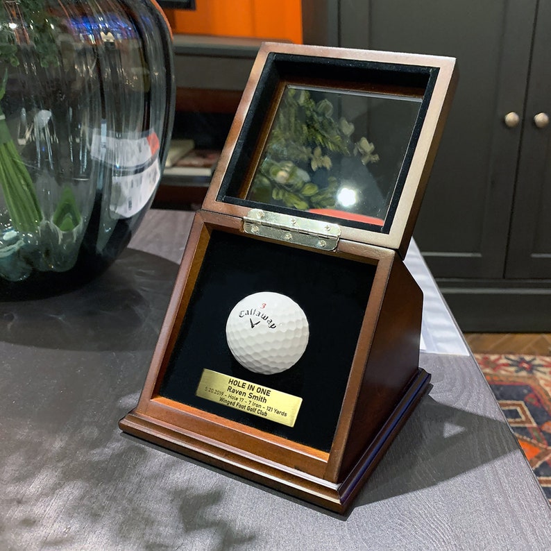 Golf Ball Display Case Hole In One Box Custom Plaque Engraving Wood with Glass Lid Gift image 6