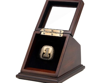 Championship Ring Display Case: Wood & Velvet Memorabilia Box with Engraving Plate