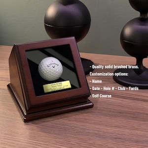 Golf Ball Display Case Hole In One Box Custom Plaque Engraving Wood with Glass Lid Gift Yes!