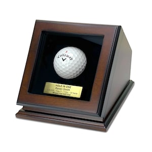 Golf Ball Display Case Hole In One Box - Custom Plaque Engraving - Wood with Glass Lid Gift