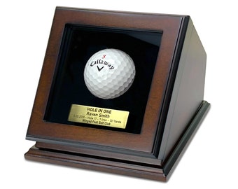 Golf Ball Display Case Hole In One Box - Custom Plaque Engraving - Wood with Glass Lid Gift