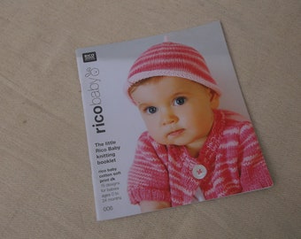 May include: A pink and white striped knitted hat and a pink and white striped knitted cardigan for babies. The booklet cover features the text "ricobaby" and "The little Rico Baby knitting booklet".