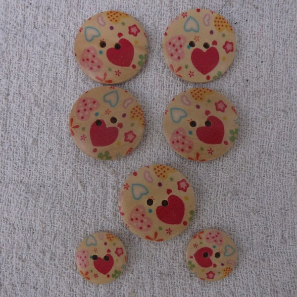 Decorative fancy heart pattern buttons, vintage two hole buttons, flat wooden button