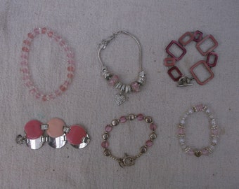 Small bead bracelet, dressing up, pink and silver costume jewellery, charm bracelet, bracelet collection