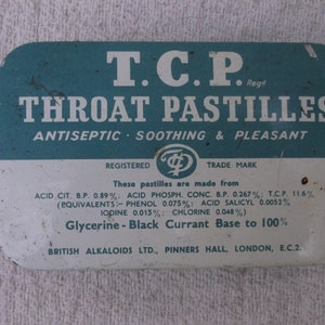 Vintage metal tin, TCP throat pastilles tin