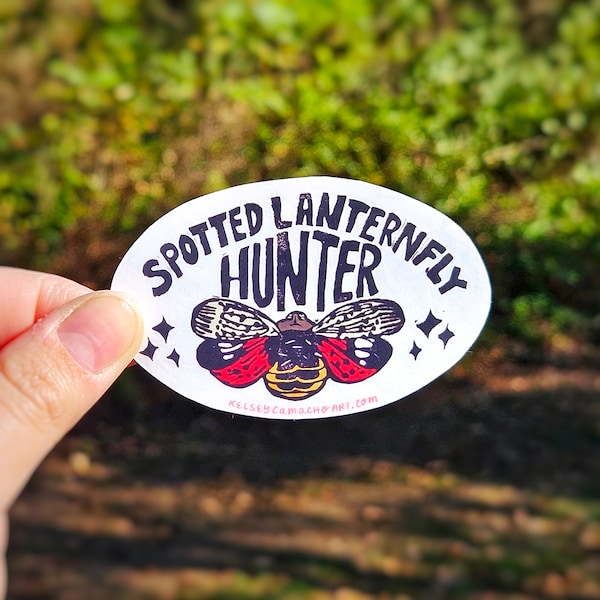 Spotted Lanternfly Hunter Oval Sticker for Environmentalists - Bumper Sticker Size and a Newly Added Smaller Size!