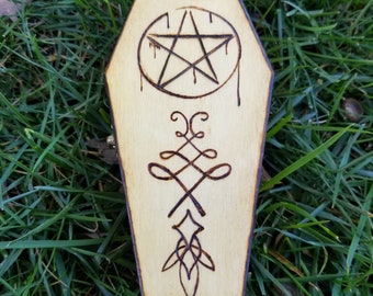 Coffin Necromancy Box - Hand Burned Portable Altar Box with Candles, Crystal, Bell, Mirror, Broom & More