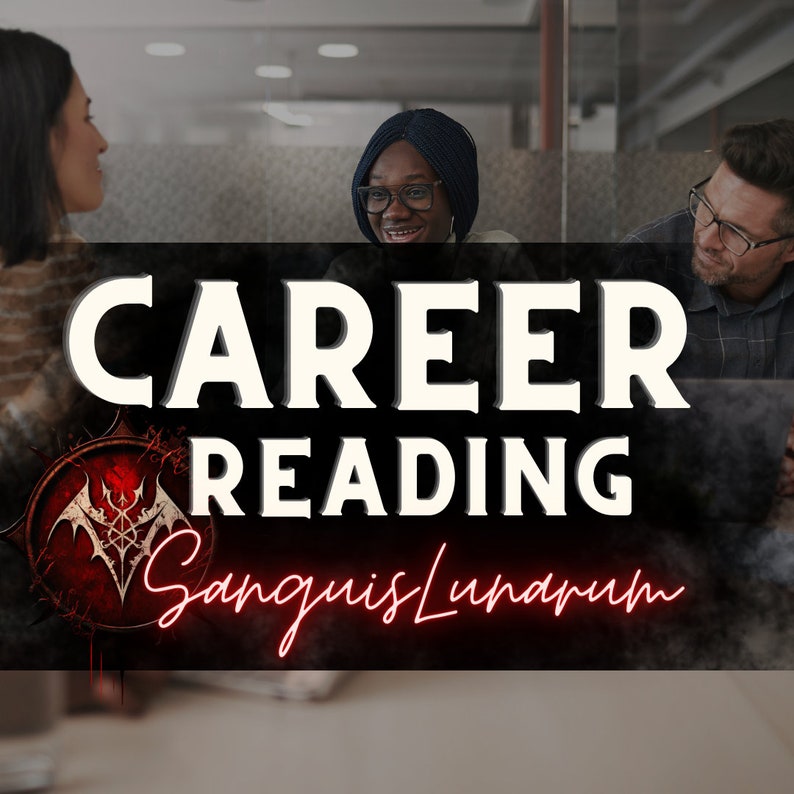 以下が含まれることがあります： 赤色の「CAREER READING Sanguis Lunarum」というテキストが書かれた白黒のグラフィック。グラフィックには、赤い円の中にスタイリッシュなコウモリが描かれている。