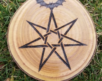 Altar Plate w/ Bat & Septagram Hand Burned Live Edge Wood