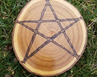 Altar Plate w/ Pentagram Hand Burned Live Edge Wood