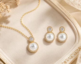 Freshwater Pearl Jewelry Set, Pearl Necklace and Earrings Set, Bridal Wedding Jewelry, Bridesmaid Gift, 18K Gold Plated Pearl Set