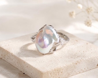 Anello con perla barocca naturale d'acqua dolce in argento sterling 925, anello di tendenza con perla irregolare per donna, gioiello unico fatto a mano, regalo per lei