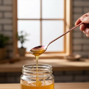 May include: A rose gold-finished stainless steel spoon is held above a glass jar of honey, with the honey dripping from the spoon. The background features a window and a wooden surface. The scene suggests a kitchen setting.