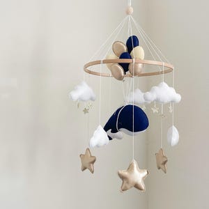 Whale Baby Mobile | Nautical Nursery Decor | Crib Mobile with Clouds and Stars | Baby Shower Gift