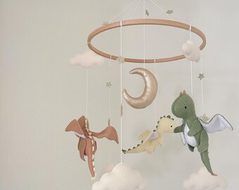 Dragon Baby Mobile | Felt Dragon Nursery Decor | Moon and Cloud Baby Crib Mobile | Fantasy Nursery Theme | Handmade Baby Shower Gift