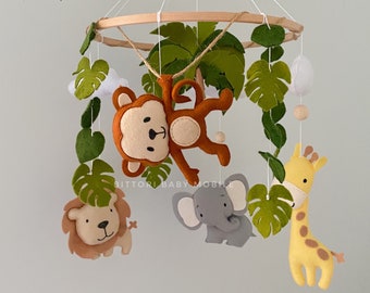 Safari baby mobile with giraffe elephant monkey and lion for nursery. Jungle decorations for baby shower. Gender neutral baby gift.