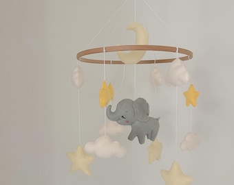 Elephant Baby Mobile | Nursery Mobile with Stars, Clouds & Moon | Neutral Crib Mobile | Handmade Baby Shower Gift