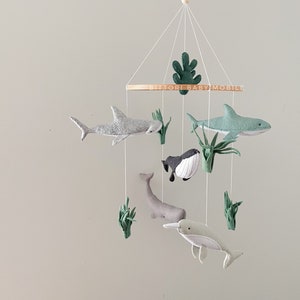 Nautical mobile with whale hammerhead shark narwhal. Ocean wall decor in neutral color palette. Hanging baby mobile for gender neutral baby