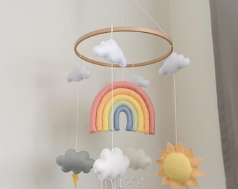 Pastel Rainbow Baby Mobile | Weather Mobile with Clouds, Sun, Raindrops and Thundercloud | Gender Neutral Nursery Decor | Baby Shower Gift
