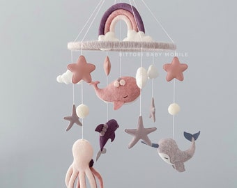 Dusty lilac, dusty pink rainbow baby mobile with whale, under water mobile  for baby girl gift