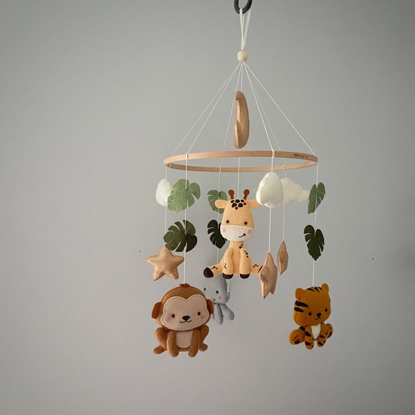 Safari nursery decor with monkey giraffe elephant tiger gold moon and stars, Jungle felted animals crib mobile, Neutral gender baby