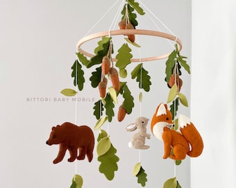 Woodland Baby Mobile | Handmade Crib Mobile with Fox, Bear, Bunny & Acorns | Forest Nursery Decor | Gender Neutral Baby Shower Gift