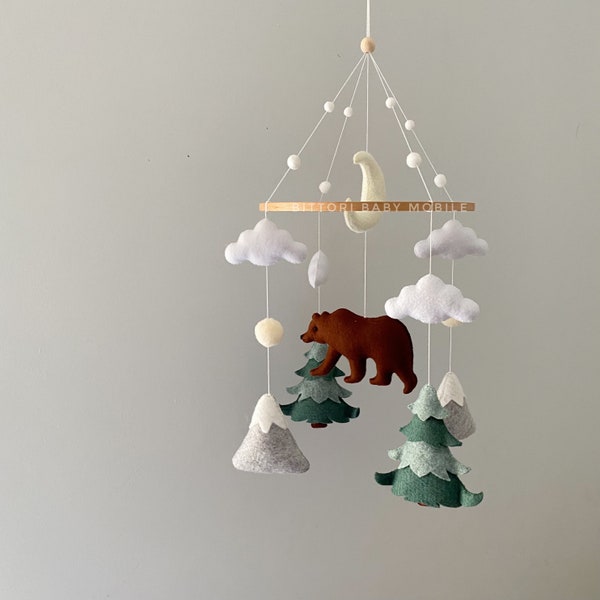 Woodland mobile with moon mountain and tree. Nursery mobile with bear. Neutral baby mobile for woodland baby shower. Forest nursery decor