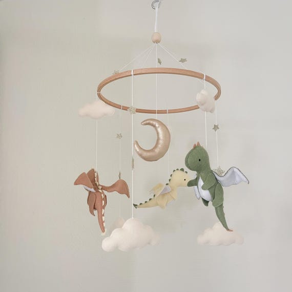 Dragon Baby Mobile | Felt Dragon Nursery Decor | Moon and Cloud Baby Crib Mobile | Fantasy Nursery Theme | Handmade Baby Shower Gift