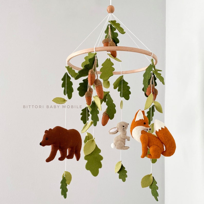 Woodland mobile with leaf acorn bear bunny and fox. Unique image 1