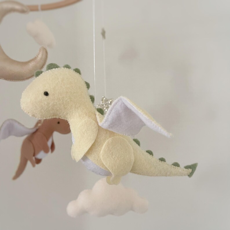 Dragon Baby Mobile | Felt Dragon Nursery Decor | Moon and Cloud Baby Crib Mobile | Fantasy Nursery Theme | Handmade Baby Shower Gift image 9