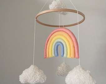 Baby Mobile with Rainbow and Plush Clouds | Nursery Ceiling Decor | Handmade Rainbow Crib Mobile | Gender Neutral Baby Shower Gift