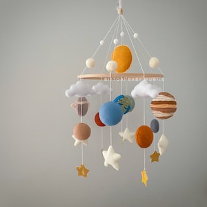 Solar system nursery mobile with planets sun stars. Space themed baby shower decor. Gender neutral baby gift. Hanging outer space mobile